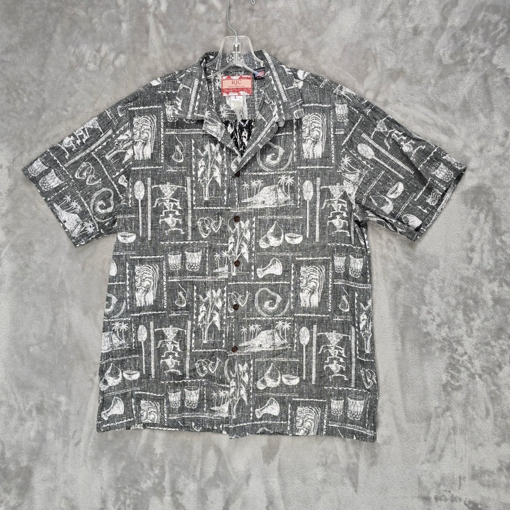 RJC Hawaiian Aloha Shirt Mens Large Gray Tiki Tribal Poi Pounder Button Up Retro